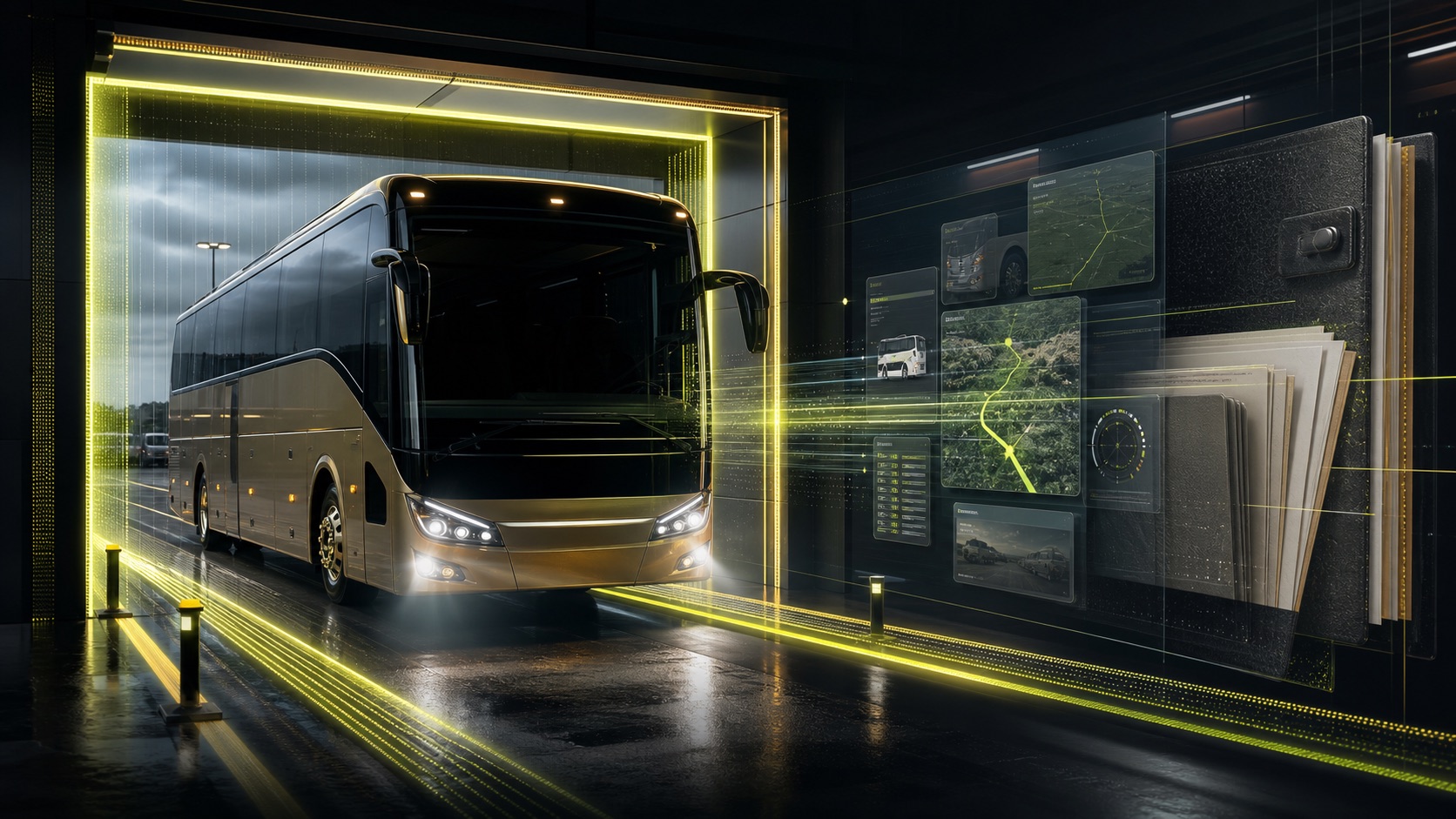 Ônibus atravessando um portal de verificação que conecta execução real e regras contratuais